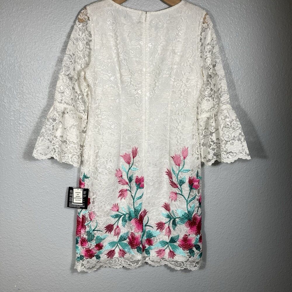 Ivory White Floral Lace Dress Womens  8 Embroidered Bell Sleeve Wedding Easter - Picture 2 of 12